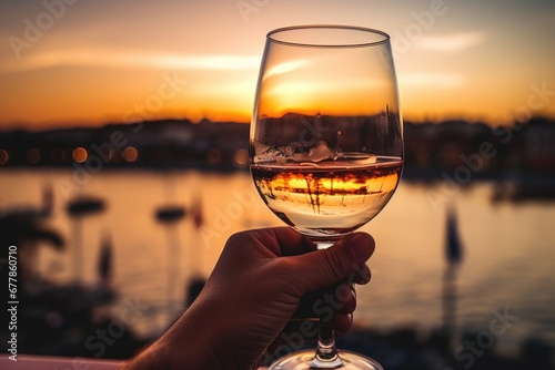 Against the backdrop of a sunset landscape, a hand holds a glass of wine