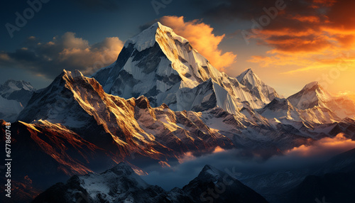 Majestic mountain peak, snow capped, dramatic sky, autumn grass generated by AI