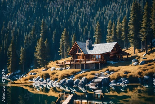 A cozy mountain cabin perched on the edge of a pristine lake