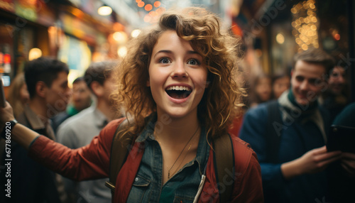 Smiling men and women enjoying outdoor city nightlife generated by AI © Jemastock