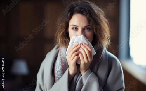 Illness woman has respiratory infection and runny nose