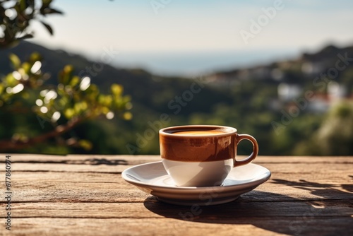 A coffee cup containing espresso against the picturesque backdrop of a landscape