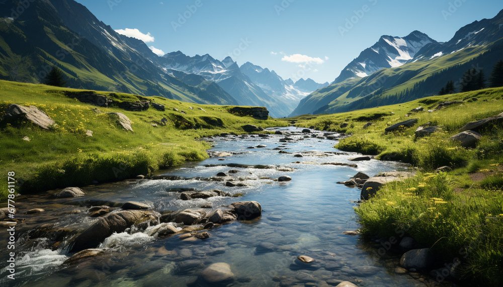 Majestic mountain peak reflects in tranquil flowing water generated by AI Majestic mountain peak reflects in tranquil flowing water generated by AI
