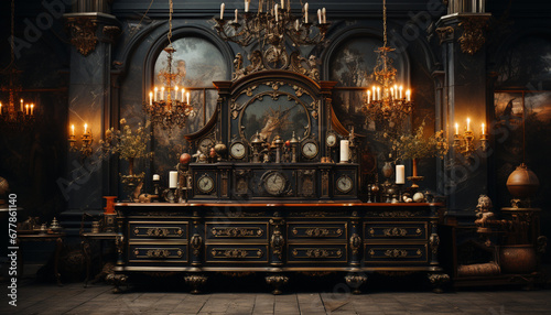 Catholic altar illuminated by candlelight in ancient chapel generated by AI