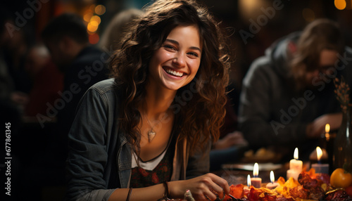 Young adults sitting together  smiling  enjoying candlelit celebration generated by AI