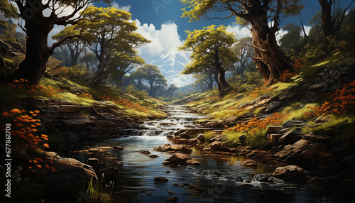 Tranquil scene of a mountain range reflecting in a flowing river generated by AI