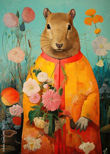 Fairytale capybara surrounded by flowers. Gorgeous illustrations of characteristic animal portraits in the style of colorful assemblages of the 1940s, the Helsinki school, yellow and aquamarine colors photo