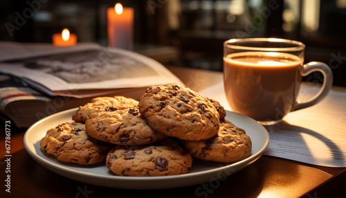 Freshly baked chocolate chip cookies on wooden table generated by AI