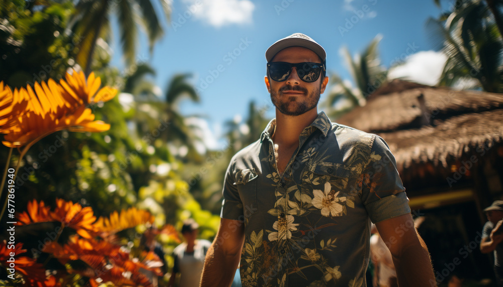 Smiling man in sunglasses enjoys nature beauty generated by AI