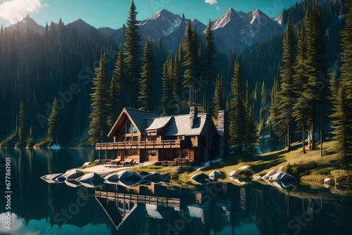 A cozy mountain cabin perched on the edge of a pristine lake