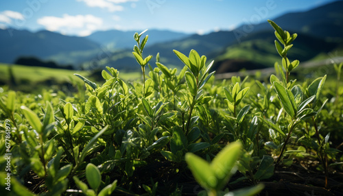 Green meadow  fresh leaves  mountain peak  tranquil tea generated by AI