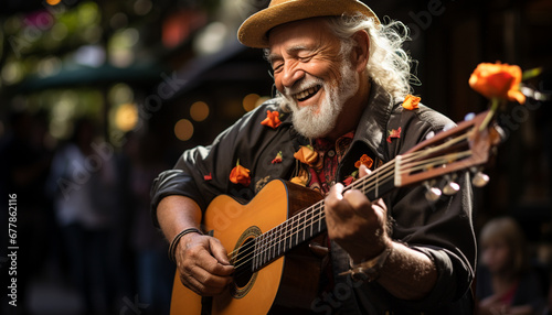 Smiling senior guitarist playing acoustic guitar outdoors generated by AI