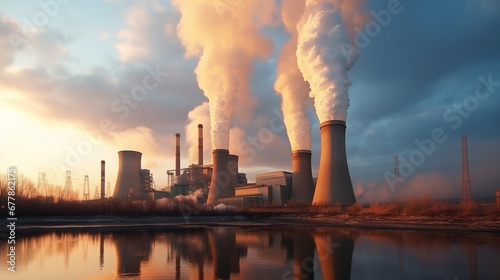 Morning Sunlight Piercing Through Smog and Smoke at Industrial Thermal Power Plant