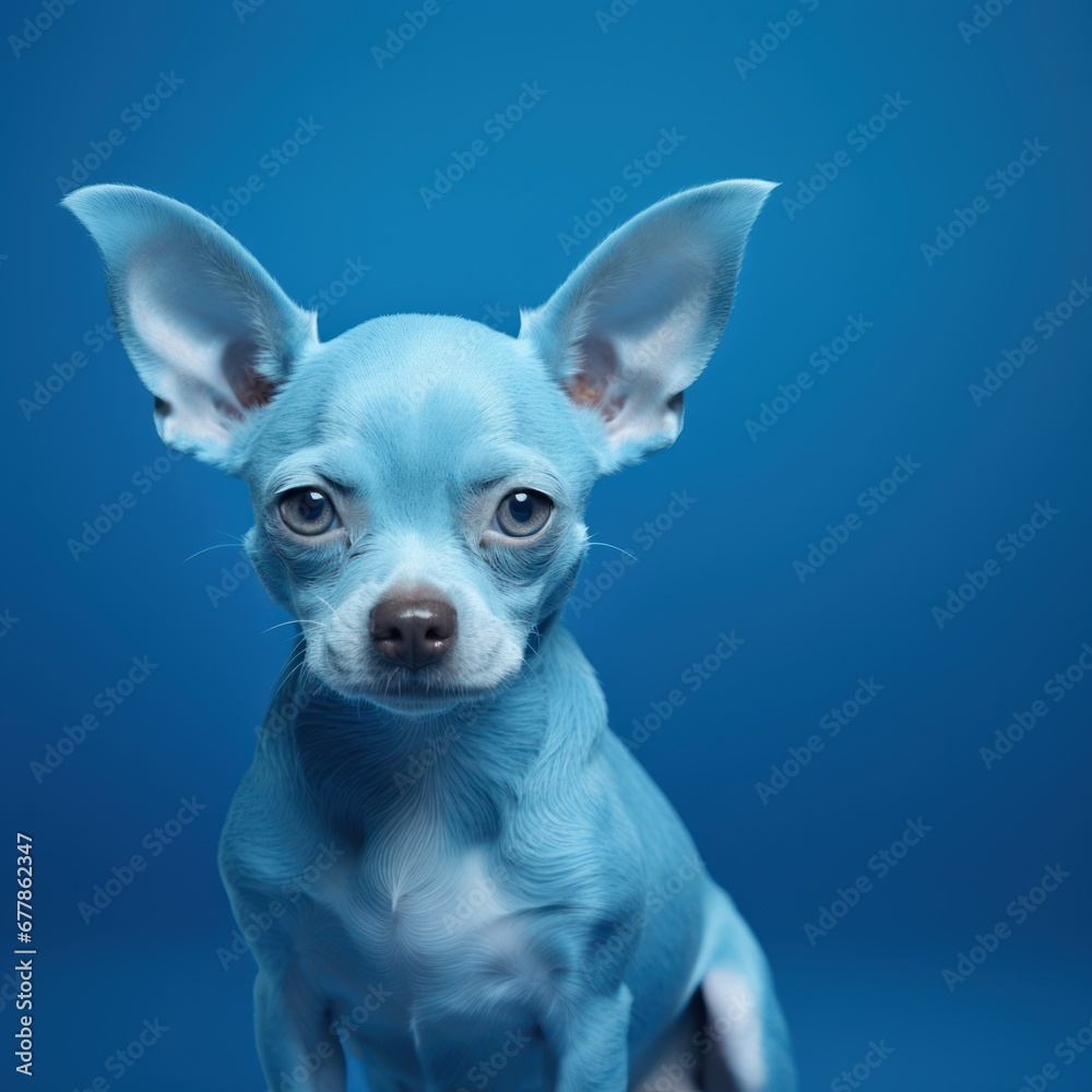 Sad pet blue dog sit with big ears. Isolated on blue background. Blue Monday concept
