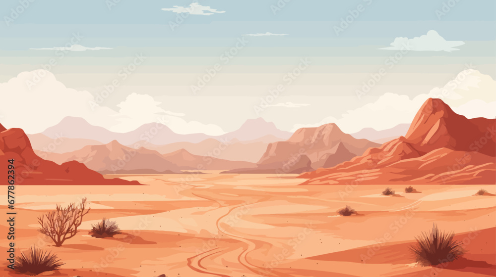 Naklejka premium Desert landscape background with sand and mountains. Vector illustration in cartoon style