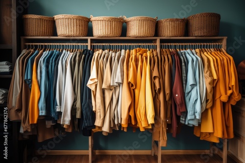 Organized Wooden Rack with Colorful Clothes and Wicker Baskets