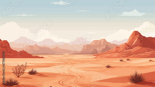 Desert landscape background with sand and mountains. Vector illustration in cartoon style