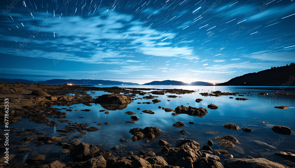 Fototapeta premium Tranquil scene, mountain, sunset, water, reflection, sky, dusk generated by AI