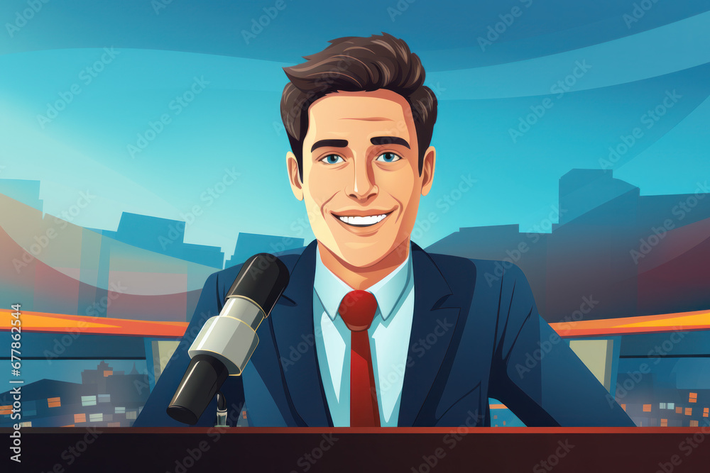 Fototapeta premium News anchor engages with the audience, conducting interviews and fielding questions during a live broadcast, illustrating the interactive and dynamic nature of modern news reporting