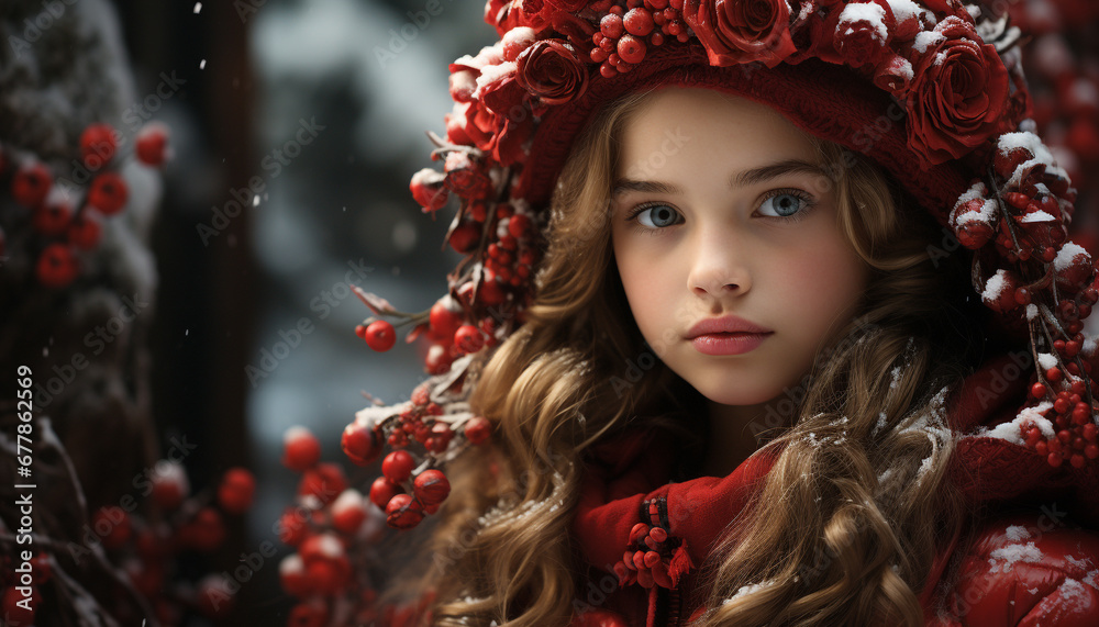 Smiling woman in winter, beauty in nature generated by AI Smiling woman in winter, beauty in nature generated by AI