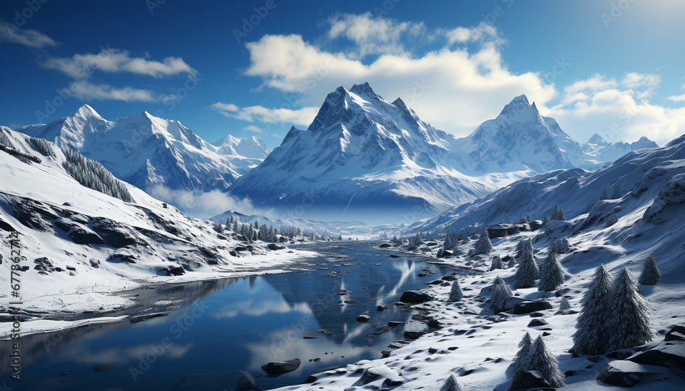 Majestic mountain peak reflects tranquil blue sky generated by AI