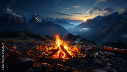 Mountain peak, campfire, hiking, adventure, sunset, landscape, nature, outdoors generated by AI photo
