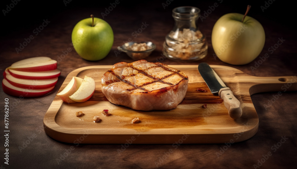 Grilled pork fillet on rustic cutting board, healthy gourmet meal generated by AI