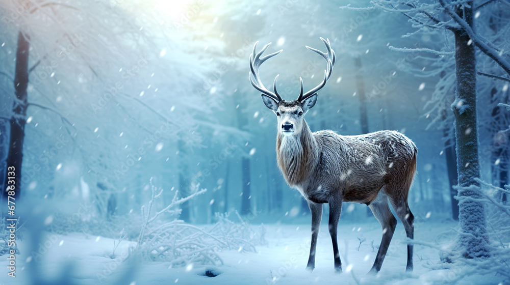 Fairytale winter forest and sika deer close-up. Deer in the winter forest against the backdrop of sun glare. Deer in a snowy forest with bokeh effect. Fairytale winter forest and sika deer close-up. Deer in the winter forest against the backdrop of sun glare. Deer in a snowy forest with bokeh effect.