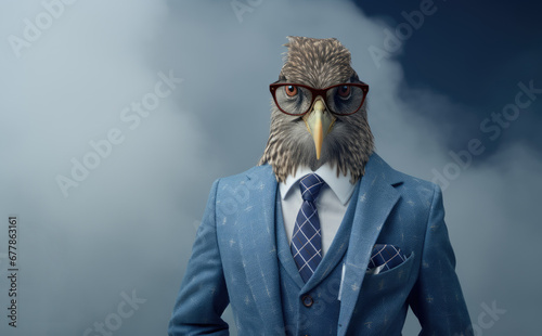 Cuckoo in glasses in close-up. Anthopomorphic image. A fictional character for advertising and marketing. Humorous character for graphic design. photo