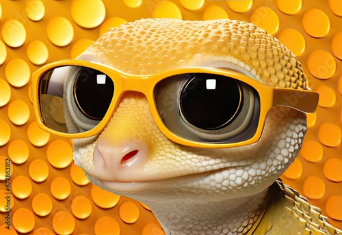 Close-up of a lizard wearing glasses. Portrait of a lizard. Anthopomorphic creature. A fictional character for advertising and marketing. Humorous character for graphic design.