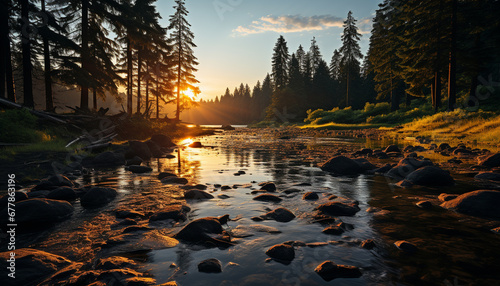 Sunset over the tranquil forest reflects natural beauty generated by AI