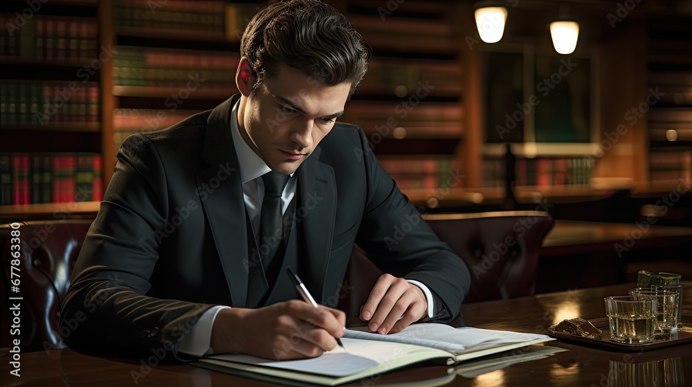 A lawyer is in the library preparing for a trial and writing something down in a notebook. A businessman is keeping a financial report. A man in a suit is working in his office. Illustration. A lawyer is in the library preparing for a trial and writing something down in a notebook. A businessman is keeping a financial report. A man in a suit is working in his office. Illustration.