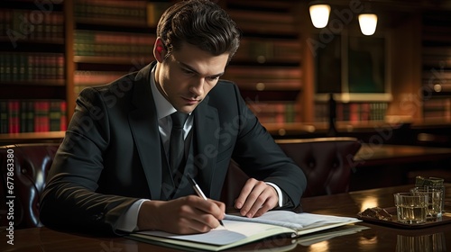 A lawyer is in the library preparing for a trial and writing something down in a notebook. A businessman is keeping a financial report. A man in a suit is working in his office. Illustration.