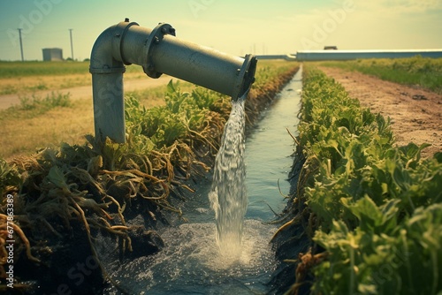 Water being pumped through plastic pipes and a well to irrigate a farm's pond and crops, with a heavy tube flushing out the water. Generative AI