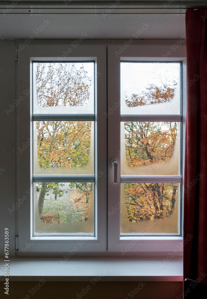 Fenster mit Sprossen in herbstlicher Stimmung von innen gesehen. Fensterscheiben parziell angelaufen. Fenster mit Sprossen in herbstlicher Stimmung von innen gesehen. Fensterscheiben parziell angelaufen.