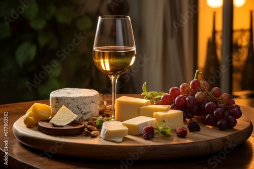 A glass of wine, selection of cheese, wooden plate, elegant feel. Generative AI