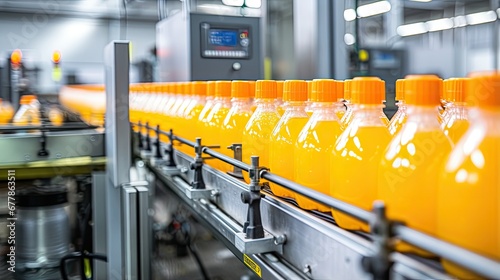 Automatic line for packing juices into glass or plastic containers. Beverage production. Bottling plant. Bottles on a factory conveyor belt. Illustration for cover, banner, brochure or presentation.