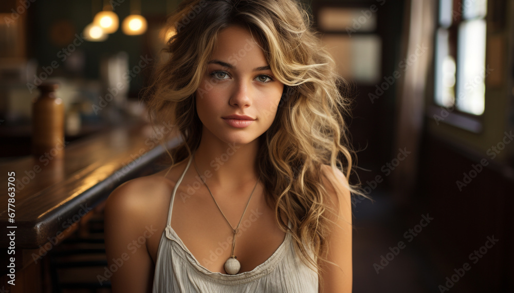 Young woman indoors, looking at camera, beautiful, confident, smiling generated by AI