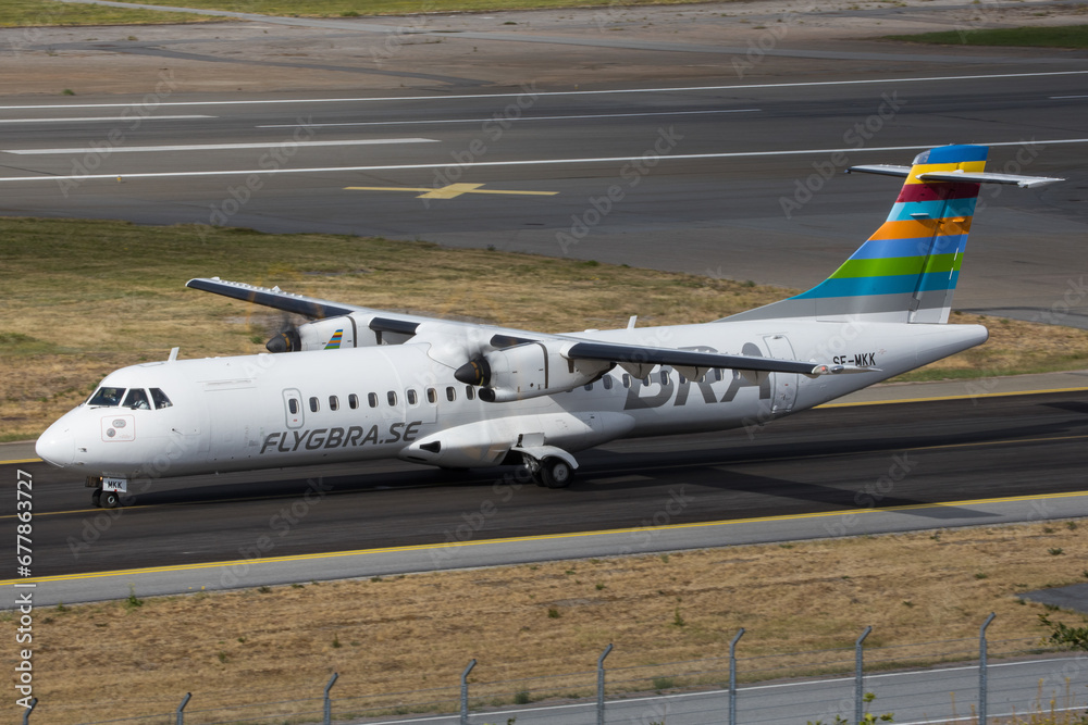 Stockholm, Sweden July 1, 2023 Bra Flyg, former Braathens, turboprop