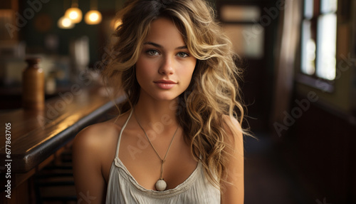 Young woman indoors, looking at camera, beautiful, confident, smiling generated by AI