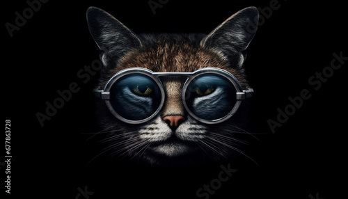 Cute kitten with eyeglasses staring fearfully at night outdoors generated by AI