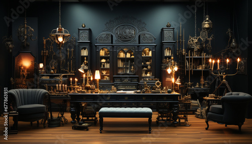 Luxury home interior with elegant wood furniture and candlelight decoration generated by AI