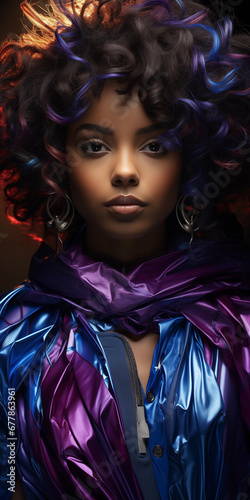 Afroamerikanisches Model Gesicht in super modernen Designer Outfit mit fantastischen Makeup und grandioser Hipp Frisur im Afrolook Hochformat, ai generativ