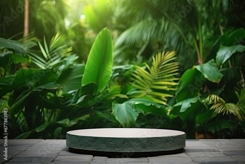 round stone podium for product presentation. against the background of palm trees and various tropical plants