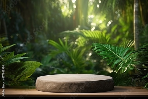 round stone podium for product presentation. against the background of palm trees and various tropical plants