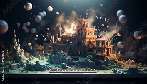 Night illuminates ancient ruined cathedral, symbolizing spirituality and mysterious history generated by AI