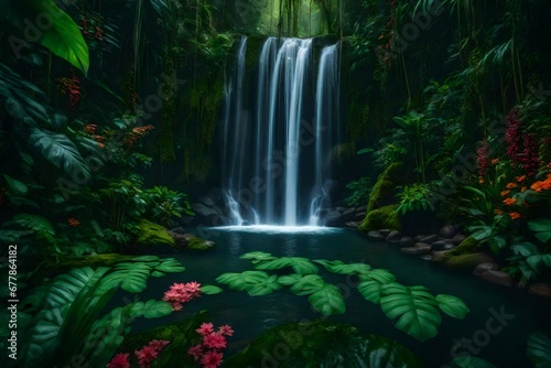 A hidden jungle waterfall, surrounded by lush vegetation and vibrant flowers