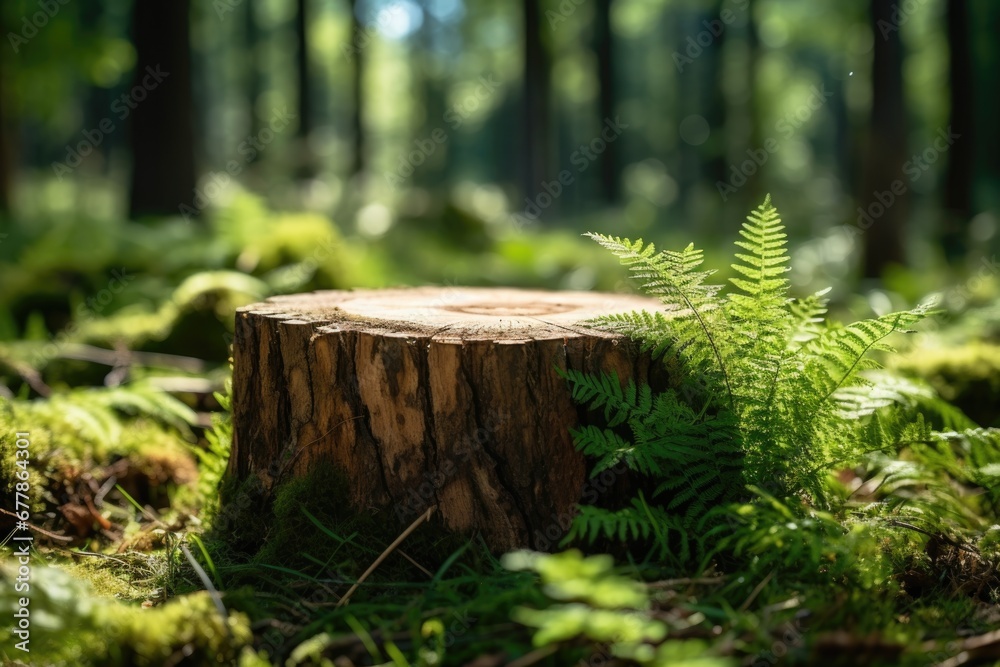 a rotten stump with plants and moss growing. in the background lush tropical forest in the sun. light backdrop