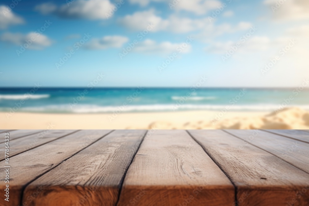 wooden podium or table. in the background there is a heavenly place. sea and palm trees blurred in the distance wooden podium or table. in the background there is a heavenly place. sea and palm trees blurred in the distance