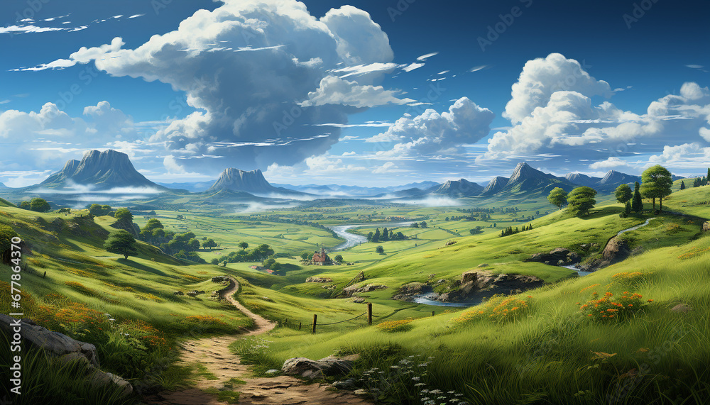 Majestic mountain range, tranquil meadow, blue sky, green grass generated by AI